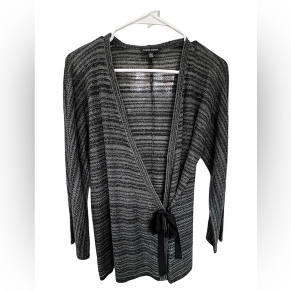 Eileen Fisher Black and Gray Striped Cardigan